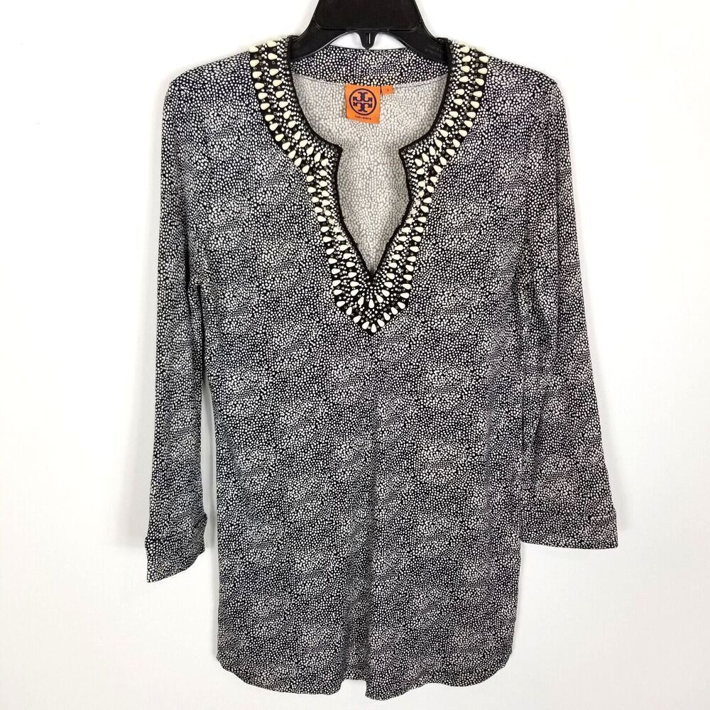 Tory Burch Women Beaded Neckline Blouse‎ Top Sz S Navy White Printed Jersey